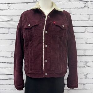 Levis Womens Sherpa Lined Corduroy Trucker Jacket Burgundy Maroon XS